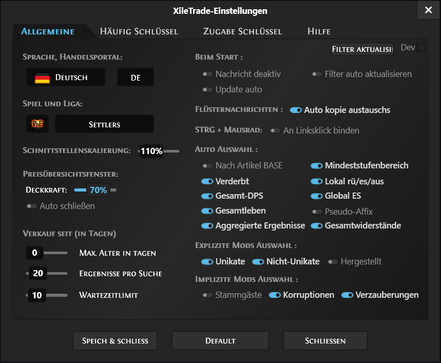 Xiletrade settings window