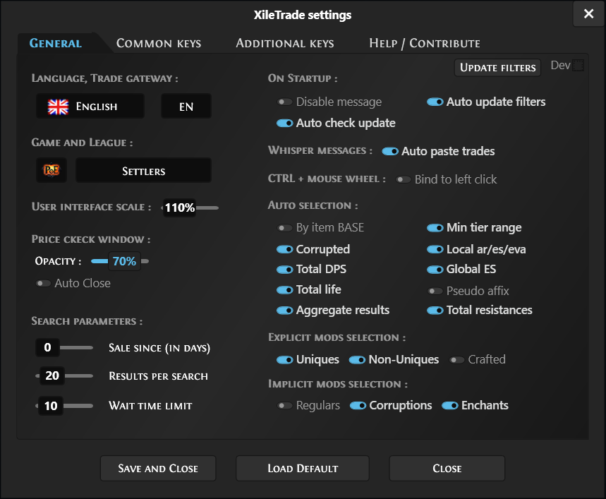 Xiletrade settings window