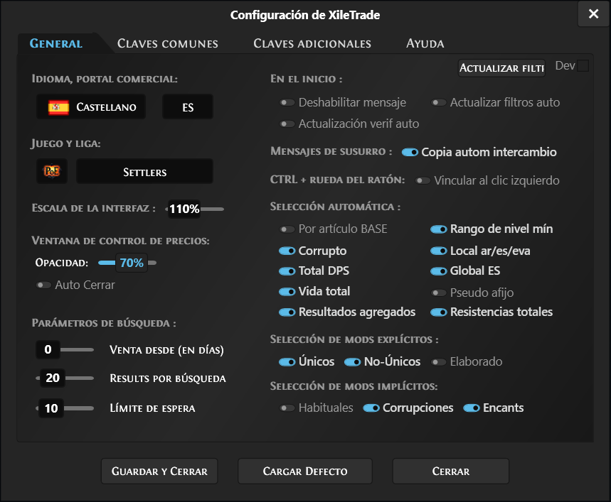 Xiletrade settings window