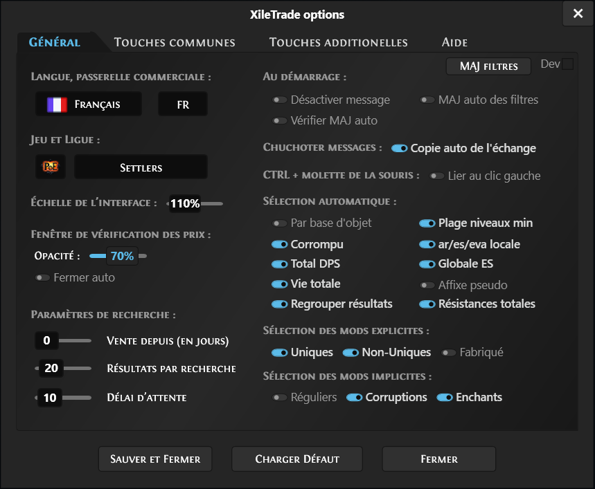 Xiletrade settings window