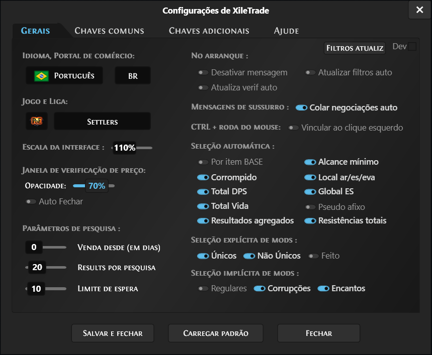 Xiletrade settings window